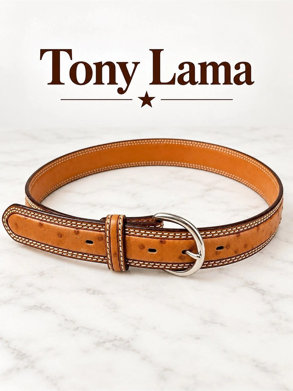 Tony Lama Ostrich Print Leather Belt 9347L Leather Stitch Belt Brown Size 34